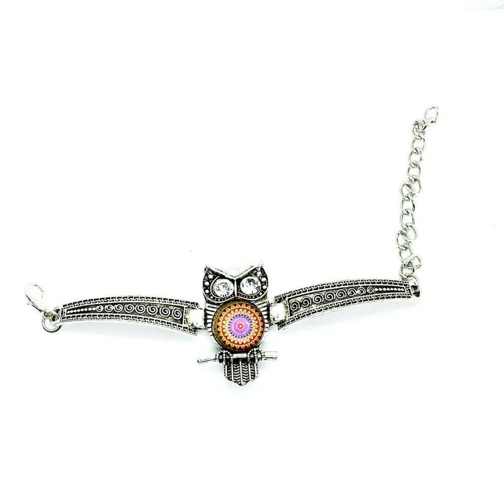 Boho Owl Rhinestone Silver-Tone Bracelet